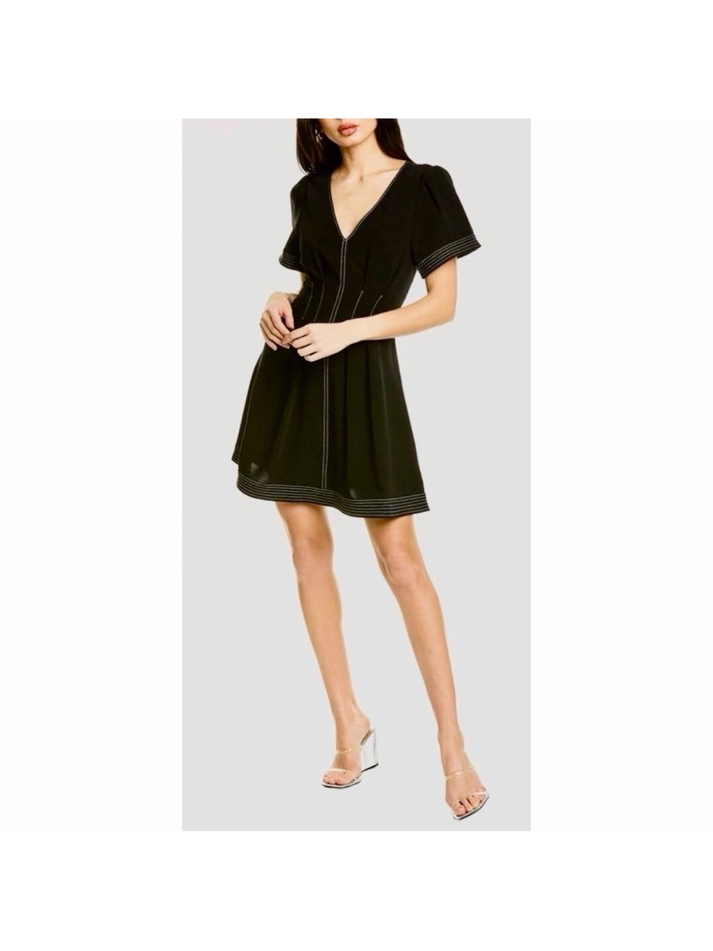 Cinq A Sept Dorine Contrast Stitch Pleated Mini Dress SIZE 8 Black Fit & Flare